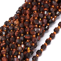 Tiger Eye Natural Tiger Eye Beads Strands, Dyed & Heated, with Seed Beads, Faceted, Bicone, Double Terminated Point Prism Beads, 5~7x6mm, Hole: 0.8mm, about 48pcs/strand, 15.55''(39.5cm)