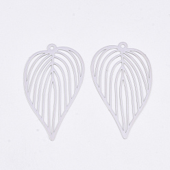Платина Латунные подвески, гравированные металлические украшения, долговечный, лист, платина, 42x25x0.3 мм, отверстие : 1.6 мм