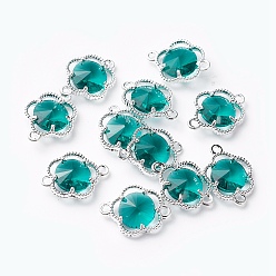 Teal Glass Links connectors, with Eco-Friendly Alloy Open Back Berzel Findings, Faceted, Flower, Silver Color Plated, Teal, 15.5x12x4mm, Hole: 1.4mm