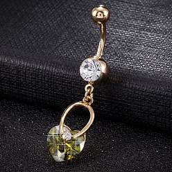 Olivgrün Piercing-Schmuck, umweltfreundlicher Nabelring aus Zirkonoxid aus Messing, Bauchringe, mit 304 Edelstahlleiste, echt 18 k vergoldet, Herz, olivgrün, 47x10 mm, Stangenlänge: 3/8"(10mm), Stange: 14 Spurweite(1.6mm)