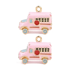 Pink Alloy Enamel Pendants, Bus Charms, Golden, Pink, 14x17x7mm, Hole: 1.6mm