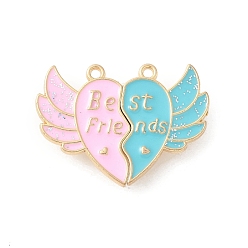 Золотой Сплав жемчужно-розовый и небесно-голубой эмалевые разделенные подвески, подвески в виде крылатого сердца для лучшего друга, с магнитным, золотые, 25.5x35x6.5 мм, отверстие : 1.8 мм