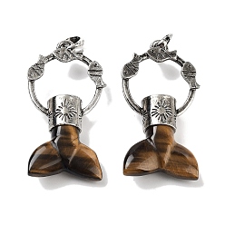 Тигровый глаз Натуральный тигровый глаз, большие подвески с хвостом кита, покрытие стойки антикварное посеребренное кольцо из сплава с подвесками в форме рыбы, без кадмия и без свинца, 56~57x29x12.5~13 мм, отверстие : 6.5x6 мм