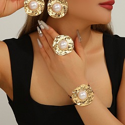 Золотой Браслеты-манжеты, кольца-манжеты и серьги-гвоздики из железа и пластика с жемчугом, плоско-круглые, золотые, 60мм и 48x47мм и 15~20мм