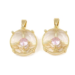 Pink Латунные микро проложить кубического циркония подвески, со стеклом, стойки покрытие, долговечный, плоские круглые прелести, без кадмия и без свинца, золотые, розовые, 17x15x6.5 мм, отверстие : 4.5~5x2.5~3 мм