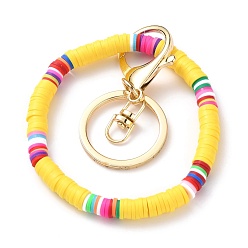 Yellow Keychain, with Handmade Polymer Clay Heishi Beads and Golden Plated Iron Alloy Lobster Claw Clasp, Ring, Yellow, 6.7cm