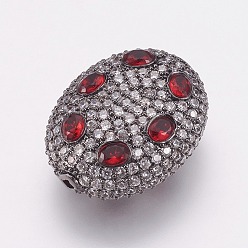 Gunmetal Brass Micro Pave Cubic Zirconia Beads, Oval, Red & Clear, Gunmetal, 24.5x19.5x10mm, Hole: 1.5mm