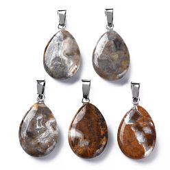 Crazy Agate Teardrop Dyed Natural Crazy Agate Obsidian Pendants, with Platinum Tone Brass Findings, 25~29x16~17x5~6mm, Hole: 2x7mm