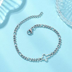 Нержавеющая Сталь Цвет Сплав ссылка браслеты, 304 браслеты из нержавеющей стали с цепочками Фигаро для женщин, крестик, цвет нержавеющей стали, 6.97 дюйм (17.7 см)