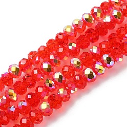 Красный Гальванизируйте прозрачное стекло бисер нитей, рондель, с покрытием AB цвета, с половиным покрытием, граненые, красные, 4x3 мм, отверстие : 1 мм, около 145~148 шт / нитка, 17.83~18.31'' (45.3~46.5 см)