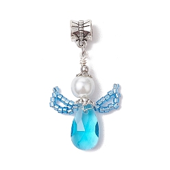 Озёрно--синий Стеклянные подвески, ангельские прелести, со стеклянной жемчужной бусиной и 304 шовными бусинами из нержавеющей стали и трубчатыми дужками из сплава в тибетском стиле, граненые, Плут синий, 32~33x22~23x8 мм, отверстие : 5 мм