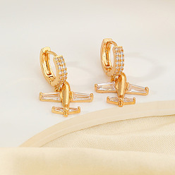 Золотой Серьги-кольца в форме самолета из латуни с прозрачным кубическим цирконием, золотые, 25x17 мм