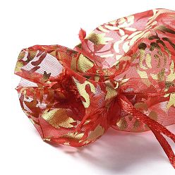 Red Organza Drawstring Jewelry Pouches, Wedding Party Gift Bags, Rectangle with Gold Stamping Rose Pattern, Red, 15x10x0.11cm