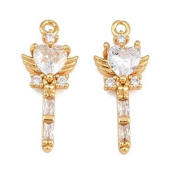 Clear Brass Micro Pave Cubic Zirconia Pendants, Magic Wand with Heart & Wing Charms, Real 18K Gold Plated, Clear, 21x8.5x3.5mm, Hole: 1.4mm