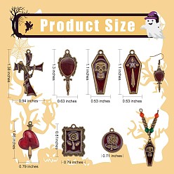 Bronze Antique 18 pcs 9 pendentifs en alliage de strass de style halloween, avec l'émail, pour bricolage collier bracelet boucle d'oreille accessoires, coeur avec papillon & croix & miroir, bronze antique, 30x25mm, 2 pcs