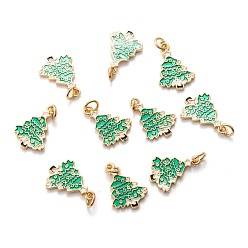 Зеленый Настоящие золотые подвески из латуни с эмалью 18 k, с целью перехода в кольце, на Рождество, рождественская елка, зелёные, 18x12x1.5 мм, отверстие : 3.4 мм