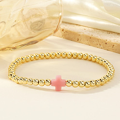 Золотой Браслеты из латуни, браслеты с подвесками в виде ракушек и крестов для женщин, золотые, 6.50 дюйм (16.5 см) ~ 6.89 дюйм (17.5 см)