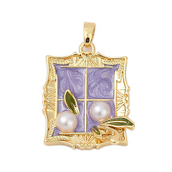 Лиловый Латунь эмаль подвески, с имитацией жемчуга, прямоугольник с подвесками в виде листьев, стойки покрытие, прочное покрытие, без кадмия и без свинца, сирень, 25.5x21x5.5 мм, отверстие : 4x2.5 мм