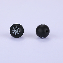 Black Christmas Printed Round with Snowflake Pattern Silicone Focal Beads, Black, 15x15mm, Hole: 2mm