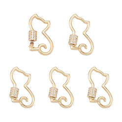 Cat Shape 5Pcs Brass Micro Pave Clear Cubic Zirconia Screw Carabiner Lock Charms, Real 18K Gold Plated, Cat Shape, 25.5x17x2mm