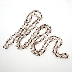 Pink Handgefertigte Rondell-Perlenketten aus Glas, mit glasperlen facettierten rondellperlen und eisenstift, ungeschweißte, Antik Bronze, rosa, 6x4 mm, ca. 1 m / Strang, 39.3 Zoll/Strang