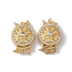 Настоящее золото 18K Покрытие стойки латунь микро паве прозрачный кубический цирконий застежки коробки, 3 нитей, 6-луночное, плоские круглые с цветочным узором, реальный 18 k позолоченный, 21x15.5x8.5 мм, отверстие : 2.4 мм