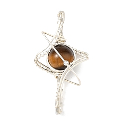 Tiger Eye Natural Blue Tiger Eye Copper Wire Wrapped Pendants, Star Charms, Silver Color Plated, 42.5~43.5x22.5~23x12~13mm, Hole: 8~9x3~3.5mm