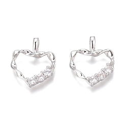 Platinum Brass Micro Pave Clear Cubic Zirconia Charms, Long-Lasting Plated, Twist Heart, Platinum, 14x12x2mm, Hole: 2mm