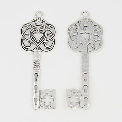 Antique Silver Tibetan Style Alloy Big Skeleton Key Pendants, Cadmium Free & Nickel Free & Lead Free, Antique Silver, 60x22x2mm, Hole: 2mm