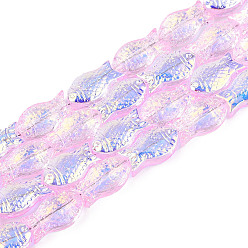 Бледно-Розовый Прозрачность гальванизированные стеклянные бусины нити, рыба, с покрытием AB цвета, с половиным покрытием, розовый жемчуг, 15x8.1x5 мм, отверстие : 0.9~1 мм, около 55 шт / нитка, 25.59'' (65 см)