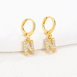 Letter N Латунные серьги-кольца из прозрачного кубического циркония, золотые, Письмо N, 25x8 мм