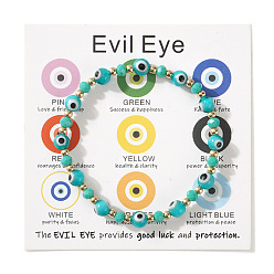 Бирюза Браслеты из стеклянных и латунных бусин, бусины от сглаза ювелирные изделия для мужчин и женщин, с открытки, бирюзовые, внутренний диаметр: 6-1/2 дюйм (16.5 см) ~ 6-3/4 дюйм (17 см)