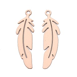 Персиковый Слойка 430 подвеска из нержавеющей стали, окрашенная распылением, подвески в форме пера, розовые, 22x6x0.3 мм, отверстие : 1.1 мм