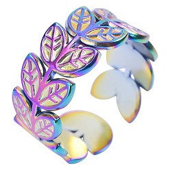 Rainbow Color 201 Stainless Steel Leafy Branch Wrap Open Cuff Ring for Women, Rainbow Color, US Size 8(18.1mm)