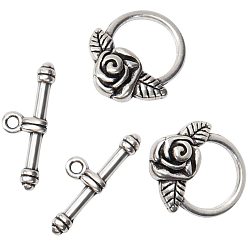Antique Silver Tibetan Style Toggle Clasps, Lead Free & Cadmium Free & Nickel Free, Antique Silver, Flower: 19x18mm, Bar: 24x4mm, Hole: 2mm