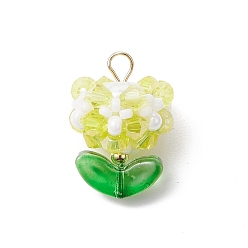 Желтый Стеклянные подвески, цветок, со стеклянными бусинами и 304 петлей из нержавеющей стали, граненые, желтые, 22x15.5 мм, отверстие : 3 мм
