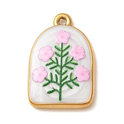 Golden Printed 304 Stainless Steel Pendants, with Enamel, Arch with Flower Pattern Charms, Golden, 23x15x3.5mm, Hole: 1.7mm