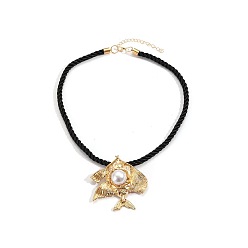 Oro Collares para mujer con colgante de pez perla de aleación marina y plástico, con cordón de algodón trenzado negro., dorado, 18.90 pulgada (48 cm)