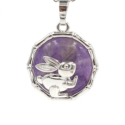 Аметист Подвески из натурального аметиста , плоская круглая форма из латуни платинового цвета с подвесками в виде кролика, 25x10 мм