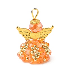 Оранжевый Подвески гальванизируйте стекла, ангел, с золотыми бусинами из сплава и железной петлей, граненые, оранжевые, 31x21.5x19 мм, отверстие : 4 мм