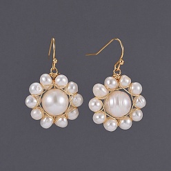 Golden Brass Dangle Earrings, with Pearl Beads and  Natural Freshwater Pearl Beads, Cardboard Boxes, Golden, 32mm, Pendant: 21~22x20~20.5x9~11mm, Pin: 0.7mm