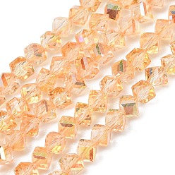 PeachPuff Electroplate Transparent Glass Beads Strands, Cube, Faceted, AB Color Plated, PeachPuff, 3.5x4.5x4mm, Hole: 1.1mm, about 99pcs/strand, 13.46''(34.2cm)