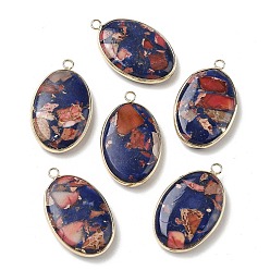 Красный Подвески из окрашенной синтетической императорской яшмы, овальные амулеты, с латунной, золотые, красные, 35~36x21~22x6.5~7 мм, отверстие : 2.6~2.8 мм