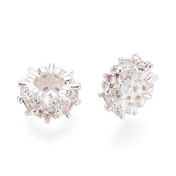 Посеребрённый Латунные микро проложить Цирконий Европейский бисером, бусины с большим отверстием, плоско-круглые, прозрачные, 925 серебро покрытием, 9x4.5 мм, отверстие : 4 мм