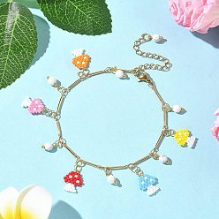 Разноцветный Браслеты с подвесками в виде грибов из стеклянных бусин, латунные звенья цепи браслеты для женщин, реальный 18 k позолоченный, красочный, 7-1/8 дюйм (18.1 см)
