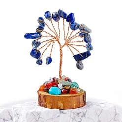 Ляпис-Лазурь Натуральные чипсы из лазурита дерево жизни украшения, деревянная основа с орнаментом фэн-шуй из медной проволоки, 50~70x30~40 мм