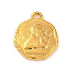 Настоящее золото 18K Ионное покрытие (ip) 304 подвески из нержавеющей стали, плоский круглый с ангельскими подвесками, реальный 18 k позолоченный, 20.5x17.5x2.5 мм, отверстие : 1.5 мм