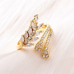 Настоящее золото 18K Кольца для женщин с микропаве из латуни и прозрачными кубическими цирконами, лист, стойки покрытие, без кадмия и без свинца, прочное покрытие, реальный 18 k позолоченный, внутренний диаметр: 18 мм