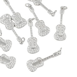 Real Platinum Plated SHEGRACE Brass Clear Cubic Zirconia Pendants, Cadmium Free & Nickel Free & Lead Free, Guitar Charms, Real Platinum Plated, 27.5x9.5x2mm, Jump Ring: 5x0.9mm, Inner Diameter: 3.3mm