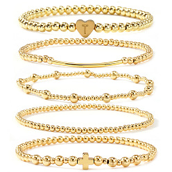 Letter T Brass and Stainless Beaded Stretch Bracelet Sets, Heart Letter Multi-Layer Adjustable Stackable Bracelets for Women, Golden, Letter T, 6.89 inch(17.5cm), 5pcs/set